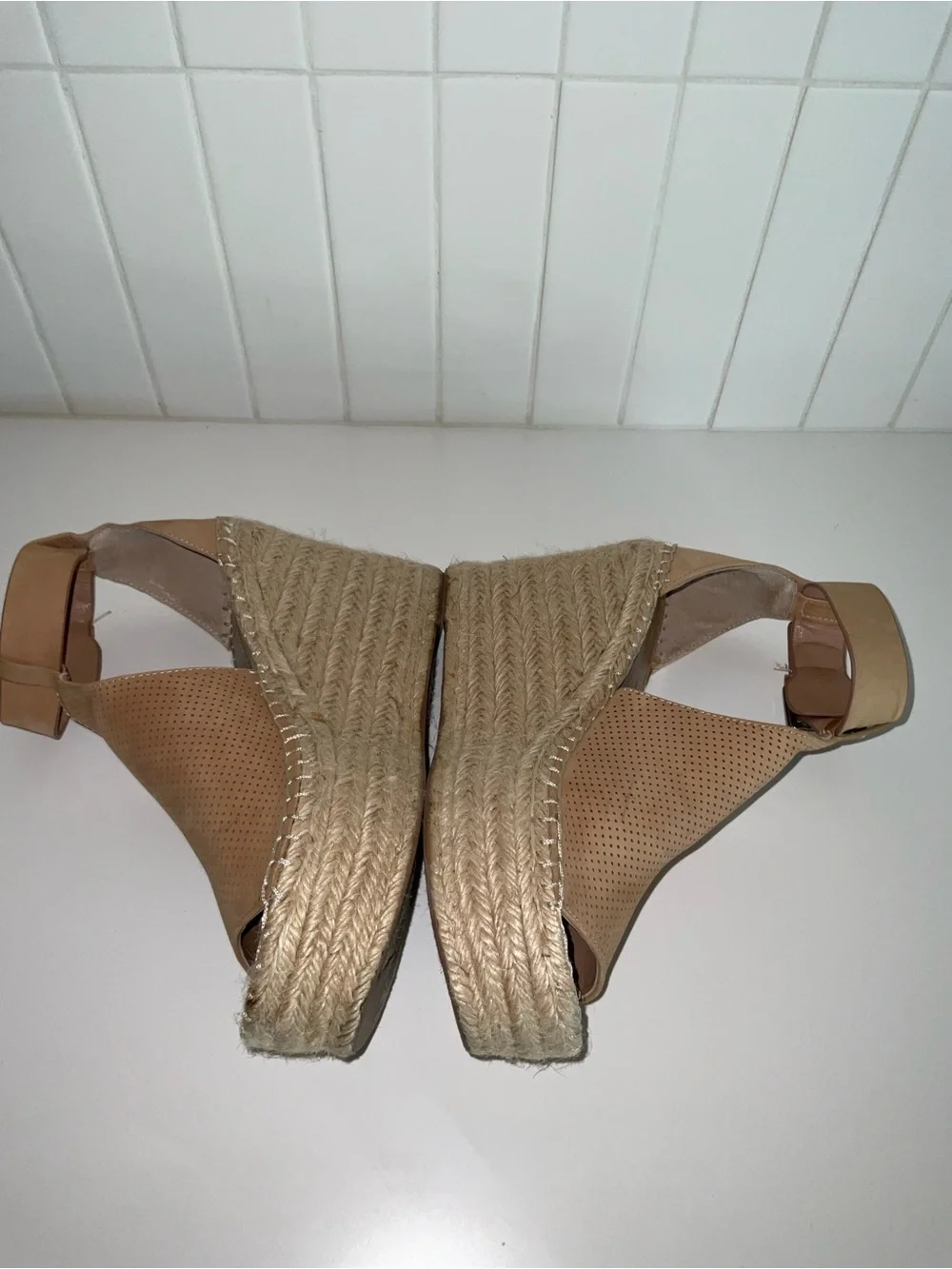 Marc Fisher Tan Perforated Espadrille Wedge Sandals with Ankle Strap